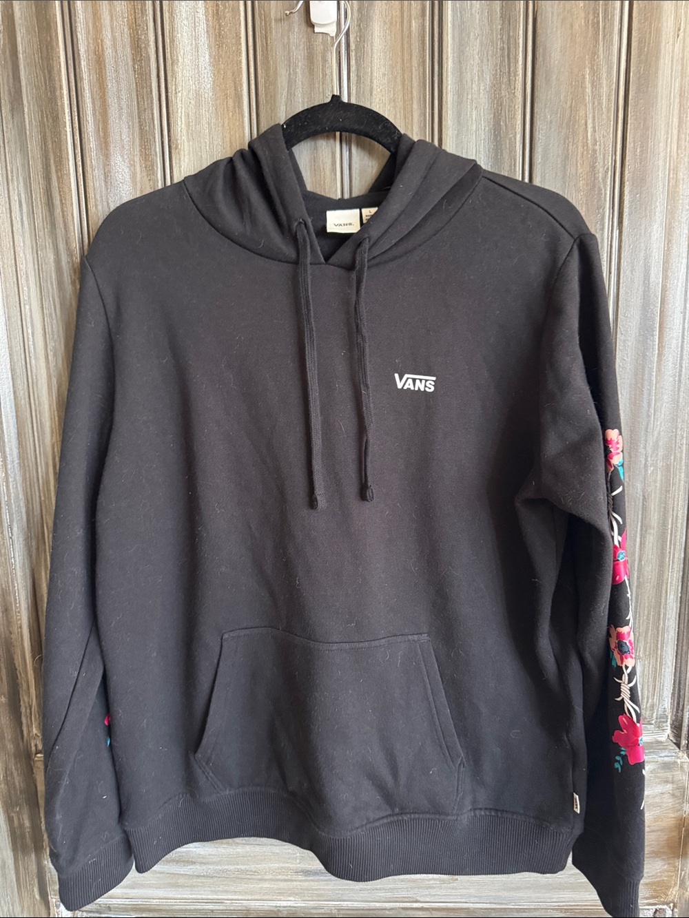 Vans Black Hoodie with Pink Floral Sleeve Accent